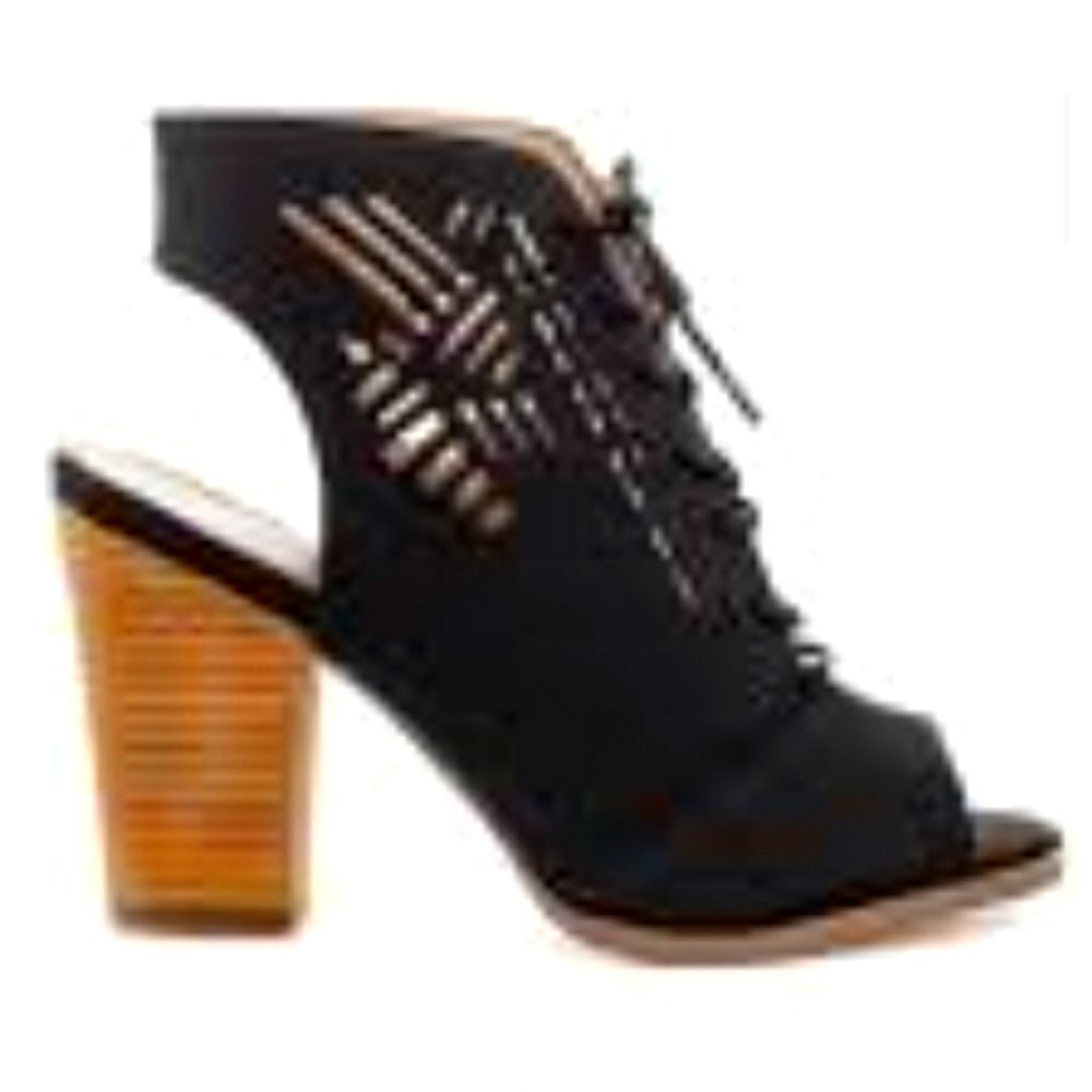 RESTRICTED OPEN-TOE LACE UP BLOCK HEEL ANKLE BOOTIES